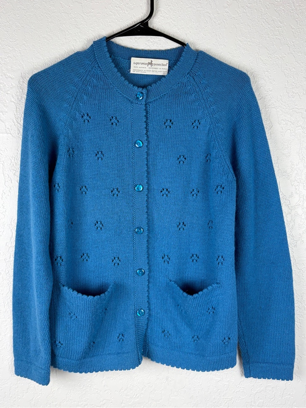 Peruvian Connection Pointelle Knit Button Cardigan Alpaca Pockets Blue Sz Medium